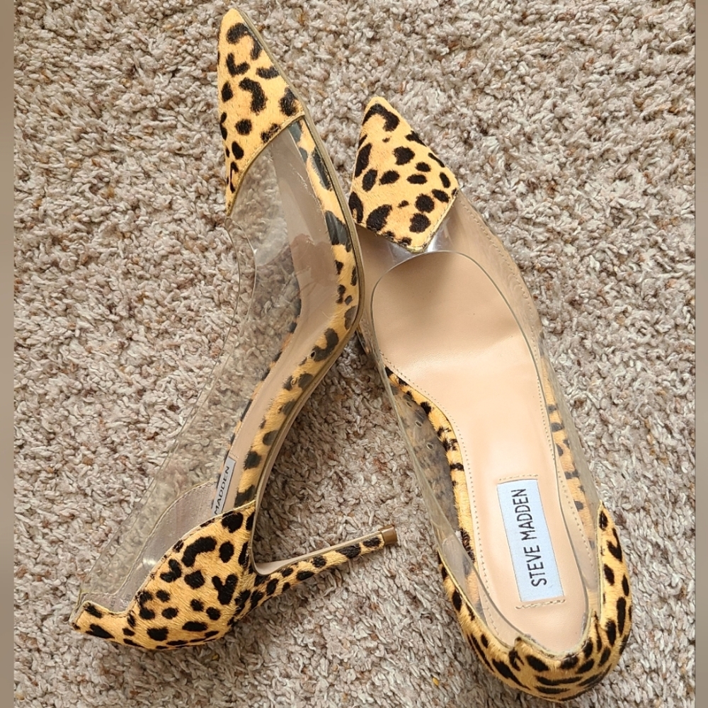 Steve Madden Malibu clear heeled shoes in leopard print